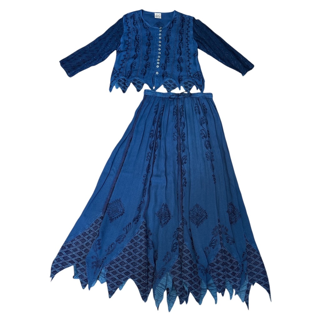 Cute Options Bohemian Stonewashed Blue Embroidered Lace Top & Skirt, Size Small